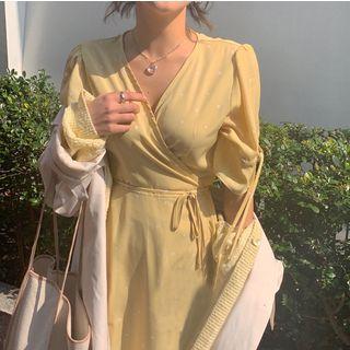 V-neck Short-sleeve Midi A-line Dress Yellow - One Size