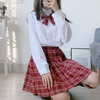 Tie-neck Shirt / Plaid Pleated Mini A-line Skirt