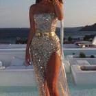 Strapless Sequined Slit Party Dress