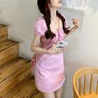 Puff-sleeve Check Slim-fit Dress Pink - One Size