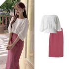 Short-sleeve Tie Waist Plain Blouse / High-waist Plain Skirt