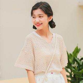 Open Knit V-neck Elbow Sleeve T-shirt