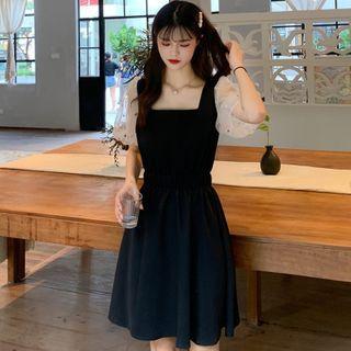 Puff-sleeve Mesh Panel A-line Dress As Shown In Figure - One Size