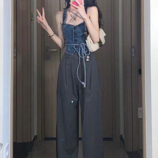 Sleeveless Denim Top / Wide Leg Dress Pants