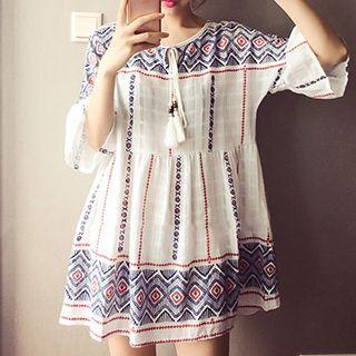 Tasseled Tie Front Print Elbow Sleeve Mini Dress