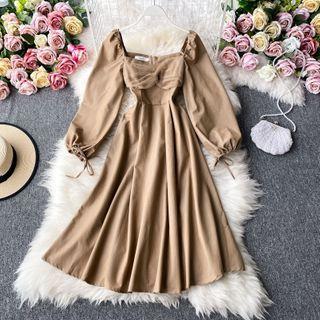 Square-neck Plain Long-sleeve Dress