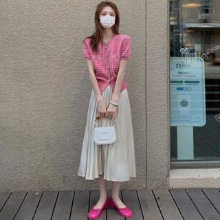 Set: Short-sleeve Plaid Top + Accordion Pleat Midi A-line Skirt