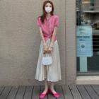 Set: Short-sleeve Plaid Top + Accordion Pleat Midi A-line Skirt