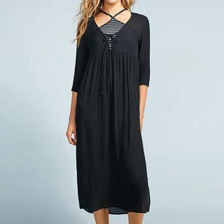 Lace-up 3/4-sleeve Midi Dress