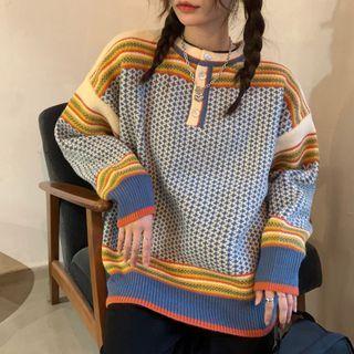 Long-sleeve Round-neck Print Knit Top As Shown In Figure - One Size