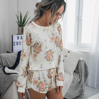 Set: Long Sleeve Flower Printed T-shirt + Drawstring Shorts