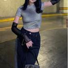 Set: Short-sleeve Dotted Cropped T-shirt + Arm Sleeves