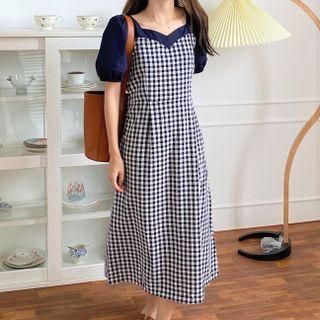 Puff-sleeve Mock Two-piece Gingham Midi A-line Dress Navy Blue - One Size