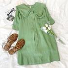 Short-sleeve Ruffle Trim Plain Dress Green - One Size