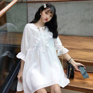Ruffle Trim Elbow-sleeve A-line Dress White - One Size