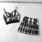 Plaid Cropped Camisole Top / Pleated Mini A-line Skirt