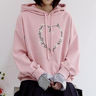 Layered-cuff Flower-embroidered Hoodie