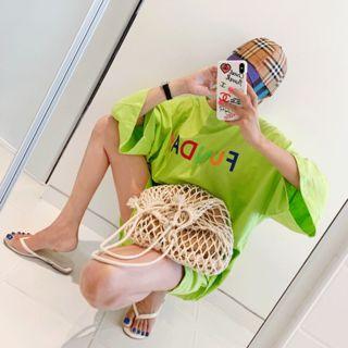 Set: Round-neck Letter Print T-shirt + Band-waist Shorts
