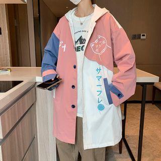 Cartoon Katakana Print Hooded Long Button Coat