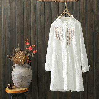 Flower Embroidered Mini Shirtdress White - One Size