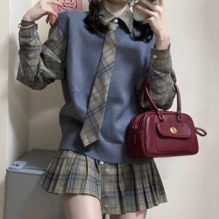 Long-sleeve Plaid Pleated Mini A-line Shirtdress / Tie / Sweater Vest / Set