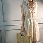 Linen Blend Sleeveless Shirtdress With Sash Beige - One Size