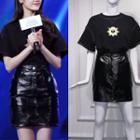 Faux-leather Pencil Skirt / Short-sleeve Embroidery T-shirt