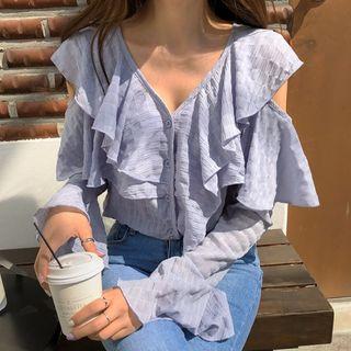Cutaway-shoulder Ruffle-trim Blouse