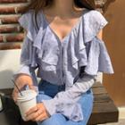 Cutaway-shoulder Ruffle-trim Blouse