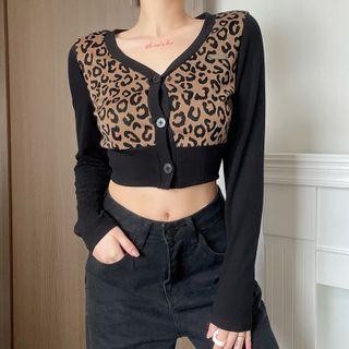Long-sleeve Leopard Print Button-up Cropped Knit Top
