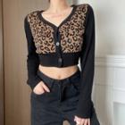 Long-sleeve Leopard Print Button-up Cropped Knit Top