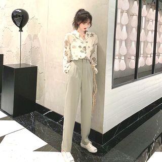 Long-sleeve Floral Blouse / High-waist Pants