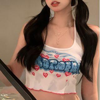 Lettering Print Cropped Tank Top White - One Size