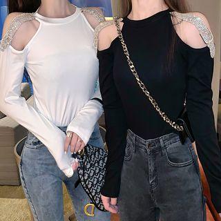Long-sleeve Off-shoulder Halter Plain Top