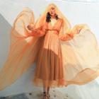 Light Shawl / V-neck Long-sleeve Midi A-line Dress