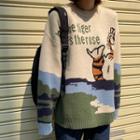 Oversize Tiger Printed Knit Sweater Green - One Size