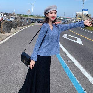 Fringed Cable Knit Sweater / A-line Midi Knit Dress / Set