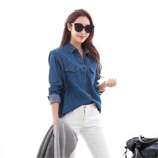 Flap-pocket Denim Shirt Light Blue - One Size
