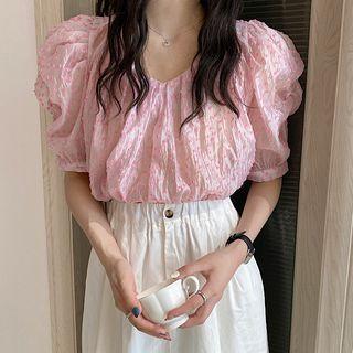 Puff-sleeve Dotted Blouse / Plain Midi A-line Skirt