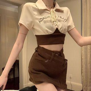 Short-sleeve Collar Lettering Lace Up Cropped T-shirt