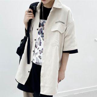 Front Pocket Lettering Short-sleeve Button-down Shirt