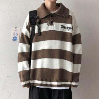 Lettering Striped Polo Sweatshirt