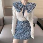 Floral Print Mini A-line Skirt / Floral Print Shawl / Knit Top