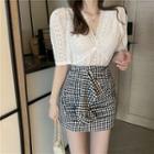 Short-sleeve Lace Top / Gingham Knotted A-line Skirt