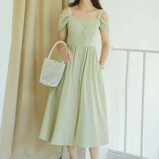 Single-breasted Cold Shoulder Midi A-line Dress