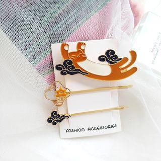 Set: Alloy Cat / Cloud Hair Pin / Hair Clip Set - Orange & Blue - One Size