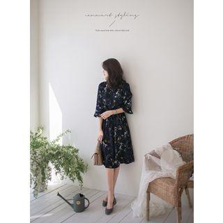 Elbow-sleeve Drawstring-waist Floral Print A-line Dress