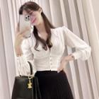 Long-sleeve V-neck Plain Ruched Cropped Shirt