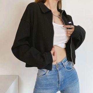 Long Sleeve Ribbed-knit Collared Zip-up Jacket