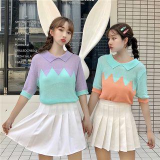 Color Block Elbow-sleeve Knit Top / High Waist Pleated Skirt